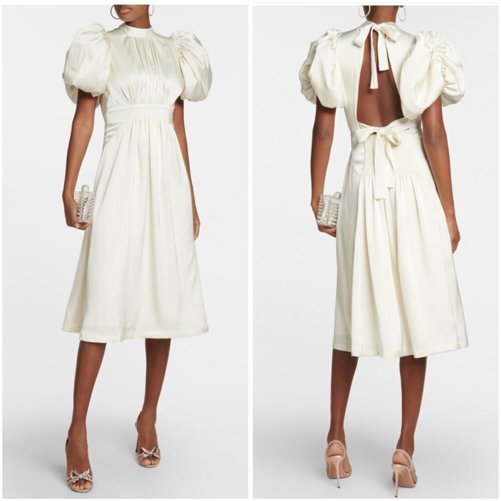 ROTATE Birger Christensen Ivory Satin Open Back Puff Sleeve Midi Dress US 6